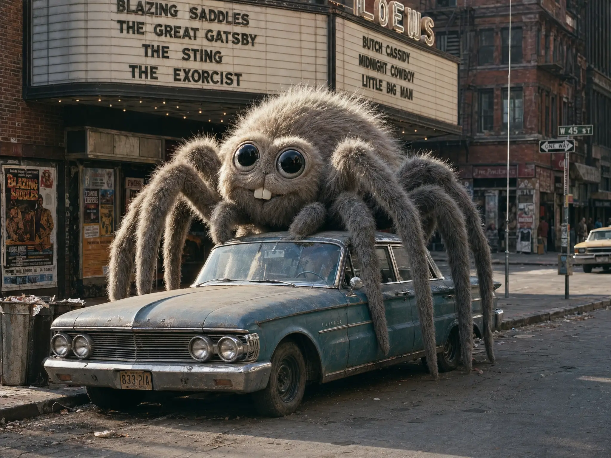Ragno gigante e soffice accanto a un'auto blu d'epoca in una strada anni '70