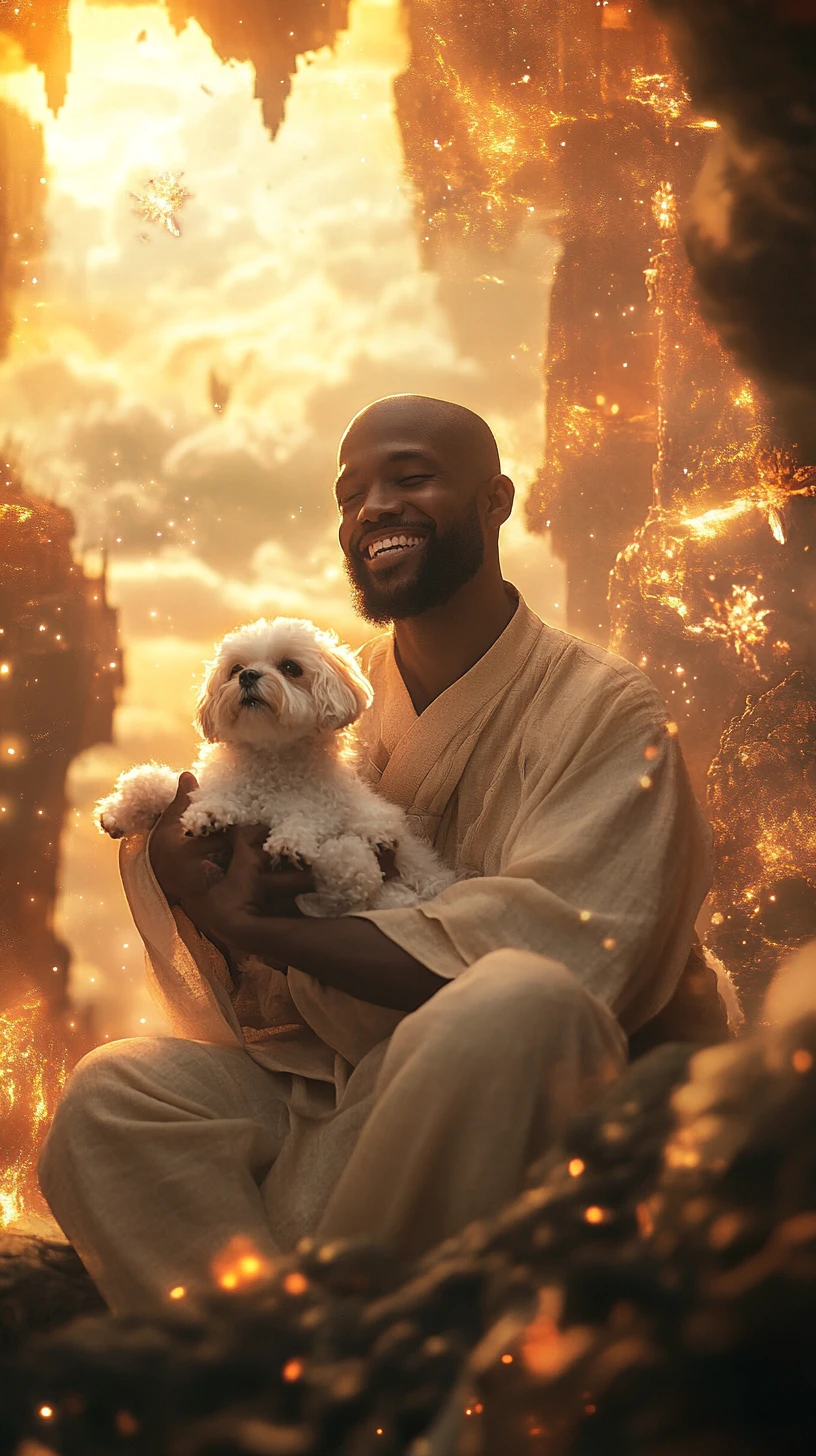 Happy bald man holding his shih tzu in surreal landscape