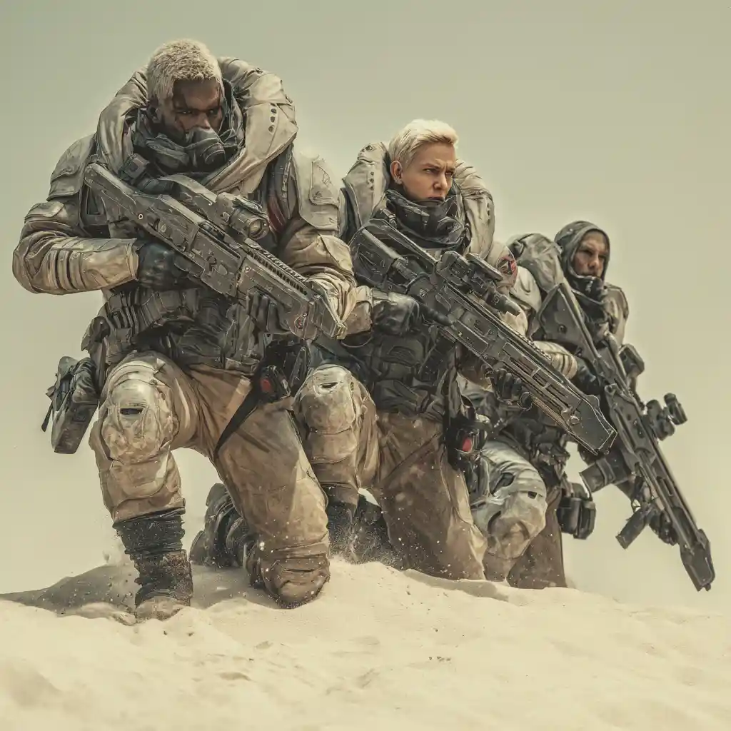 Sci fi marines in a dynamic battlefield formation