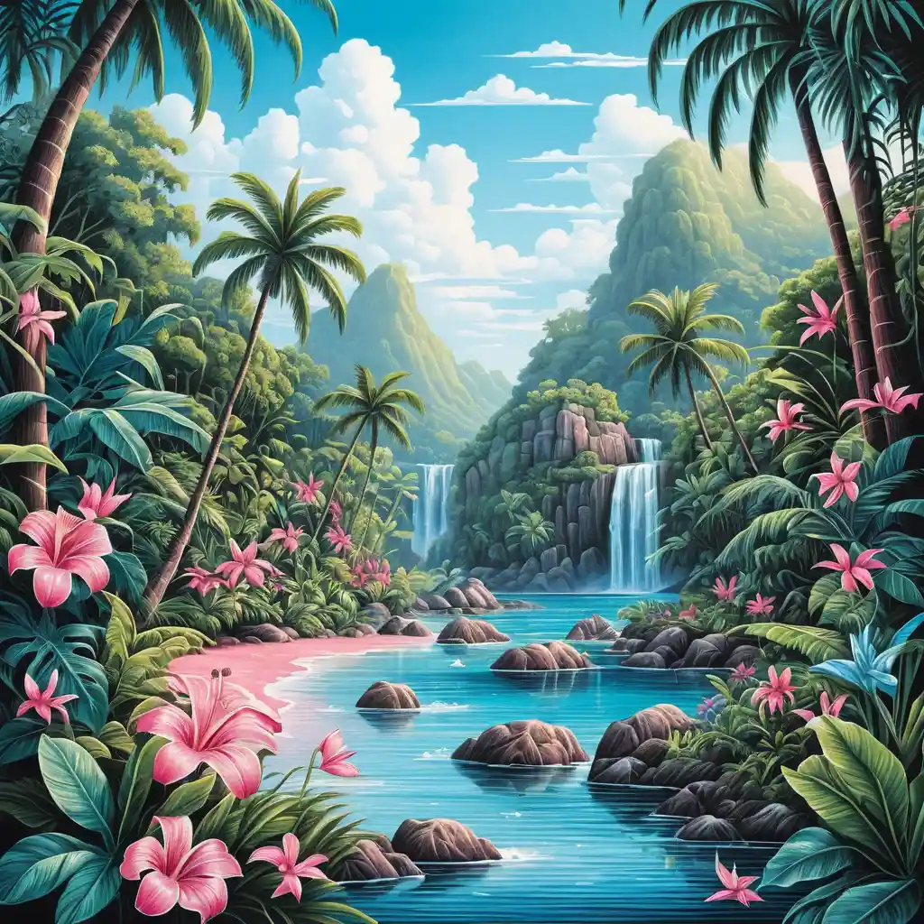 Vibrant tropical jungle landscape in colored pencil illustration
