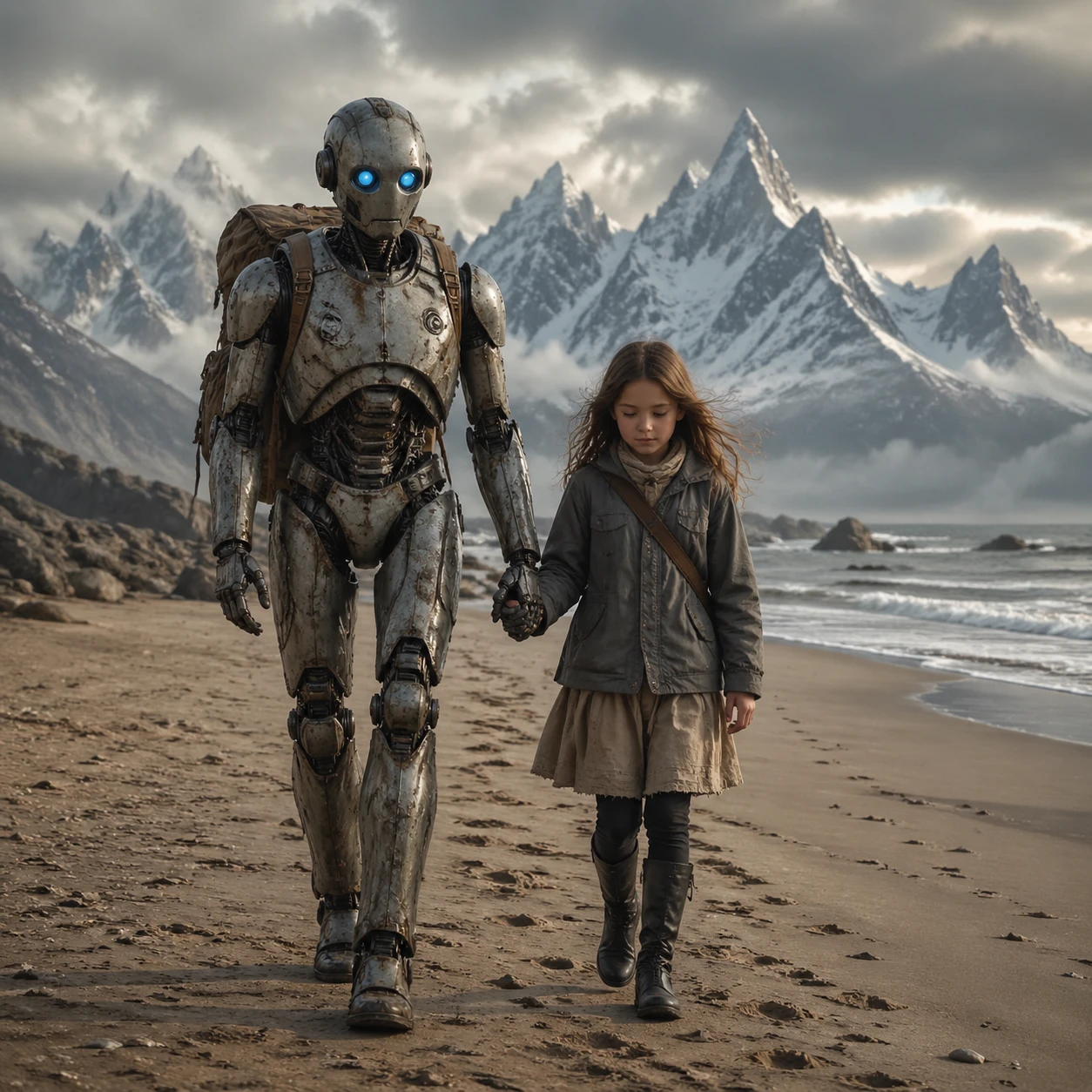 Robot e bambina che camminano insieme su una spiaggia tranquilla