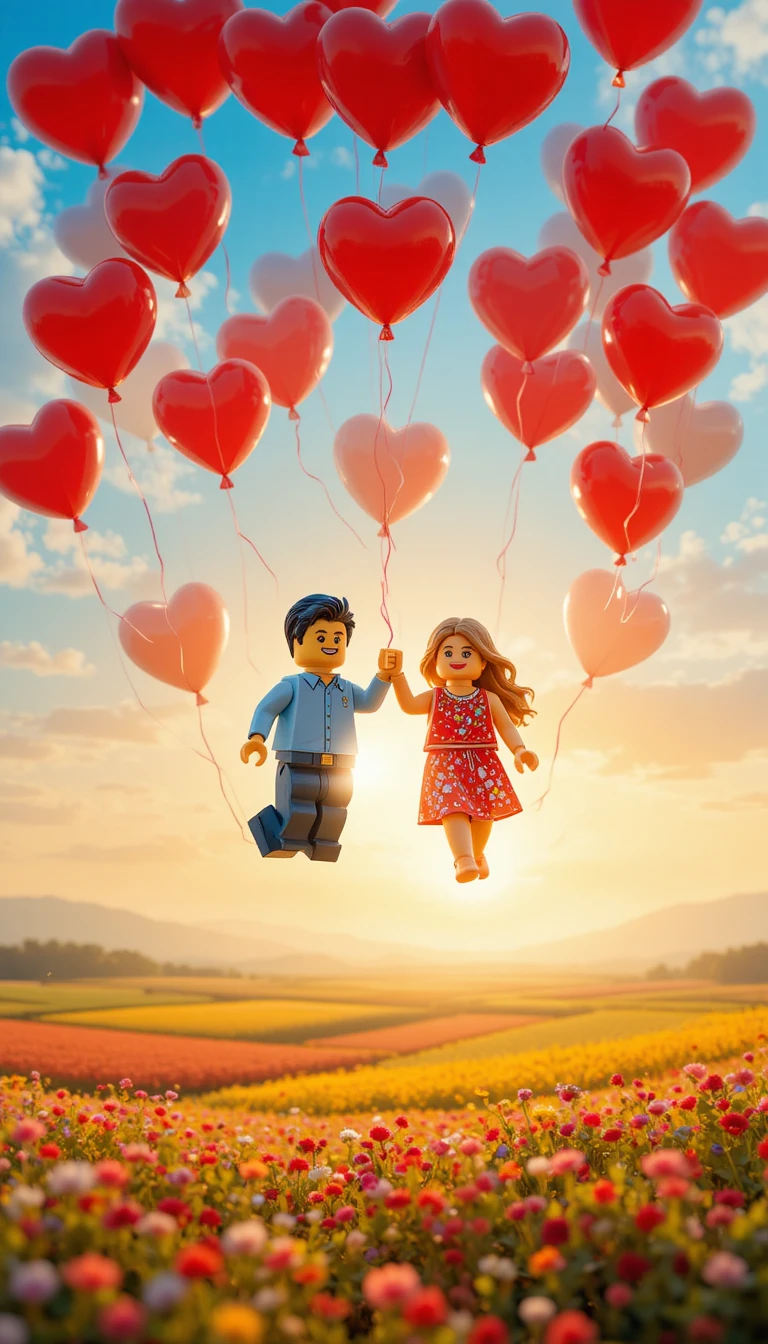 Lego-Paar schwebt mit roten Herzballons über Feldern