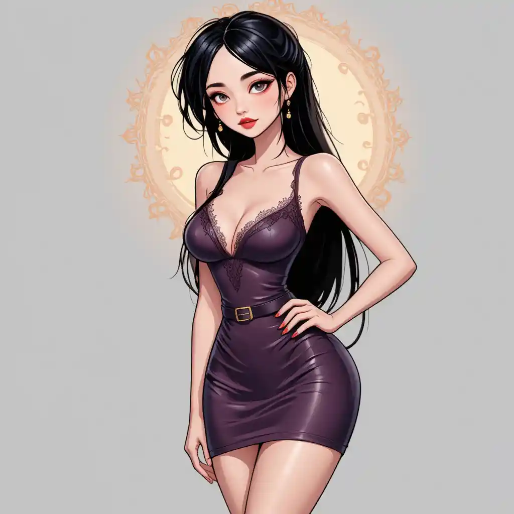 Stylized woman in short dress leaning in confident pose