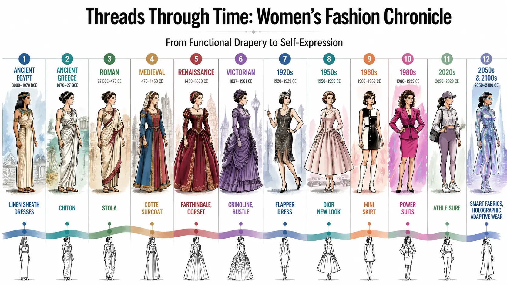 Timeline infographic of womens fashion through historical eras