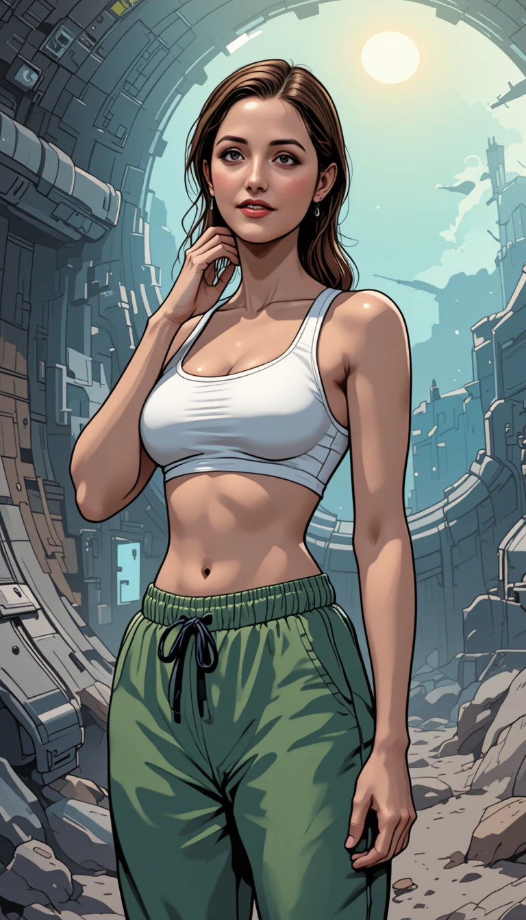 Thoughtful girl in sportswear aboard a lived in spaceship