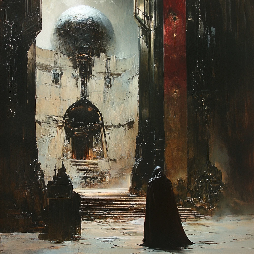 Surreal cathedral of dust with opposing noble houses