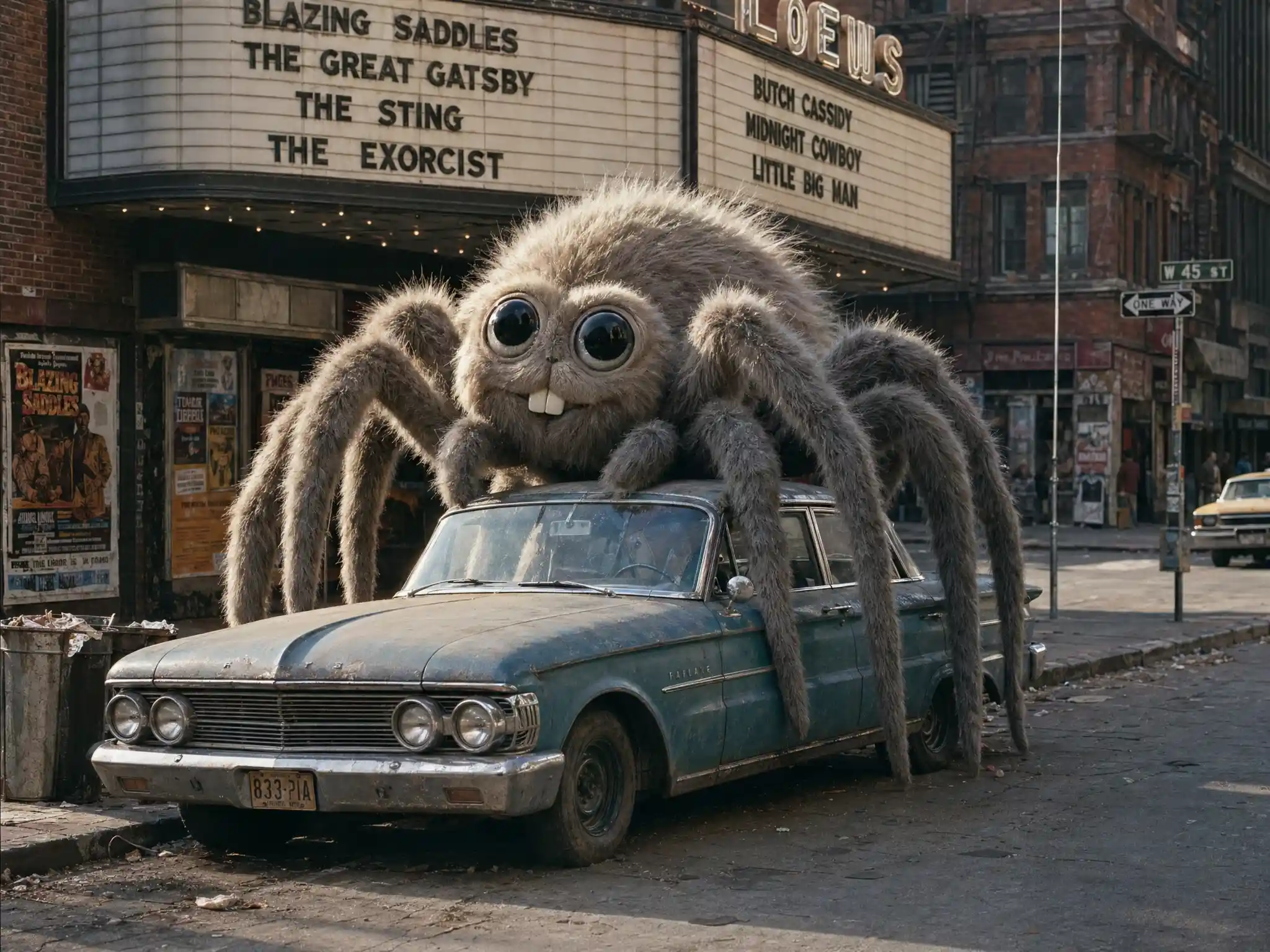 Ragno gigante e soffice accanto a un'auto blu d'epoca in una strada anni '70