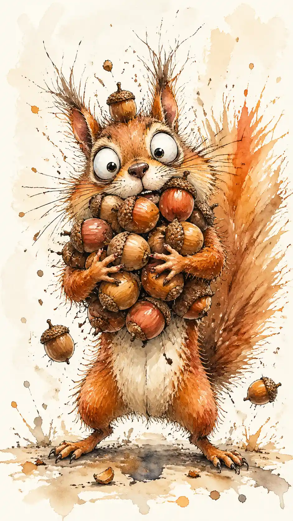 Playful squirrel clutching a pile of acorns in watercolor chaos