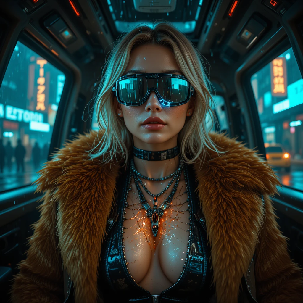 Glitch biopunk woman in a rainy autonomous car