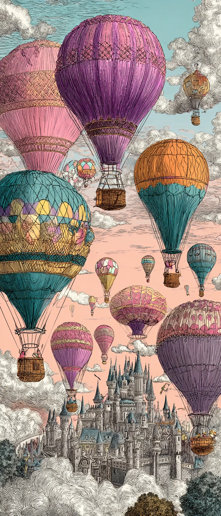 Carrera de globos aerostáticos victorianos sobre castillos flotantes entre las nubes