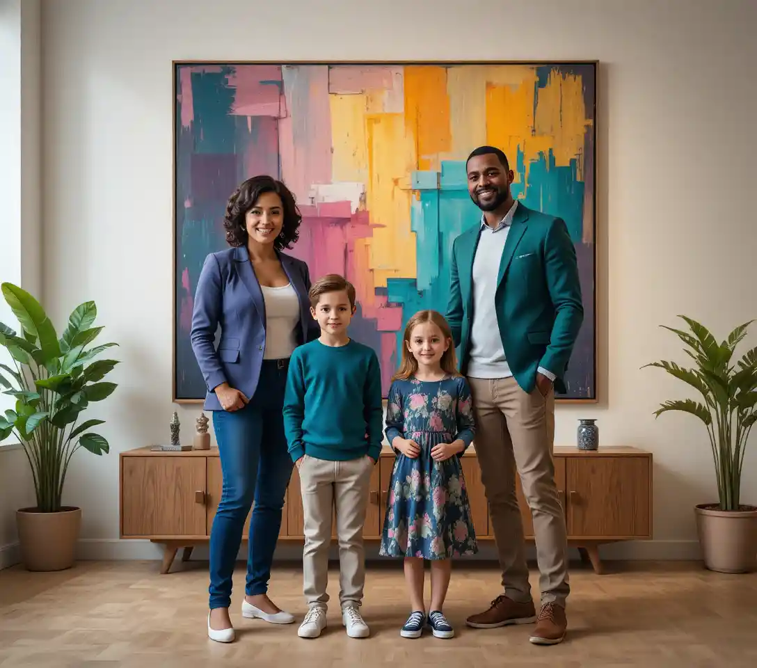 Stylish family posing together in a modern art gallery