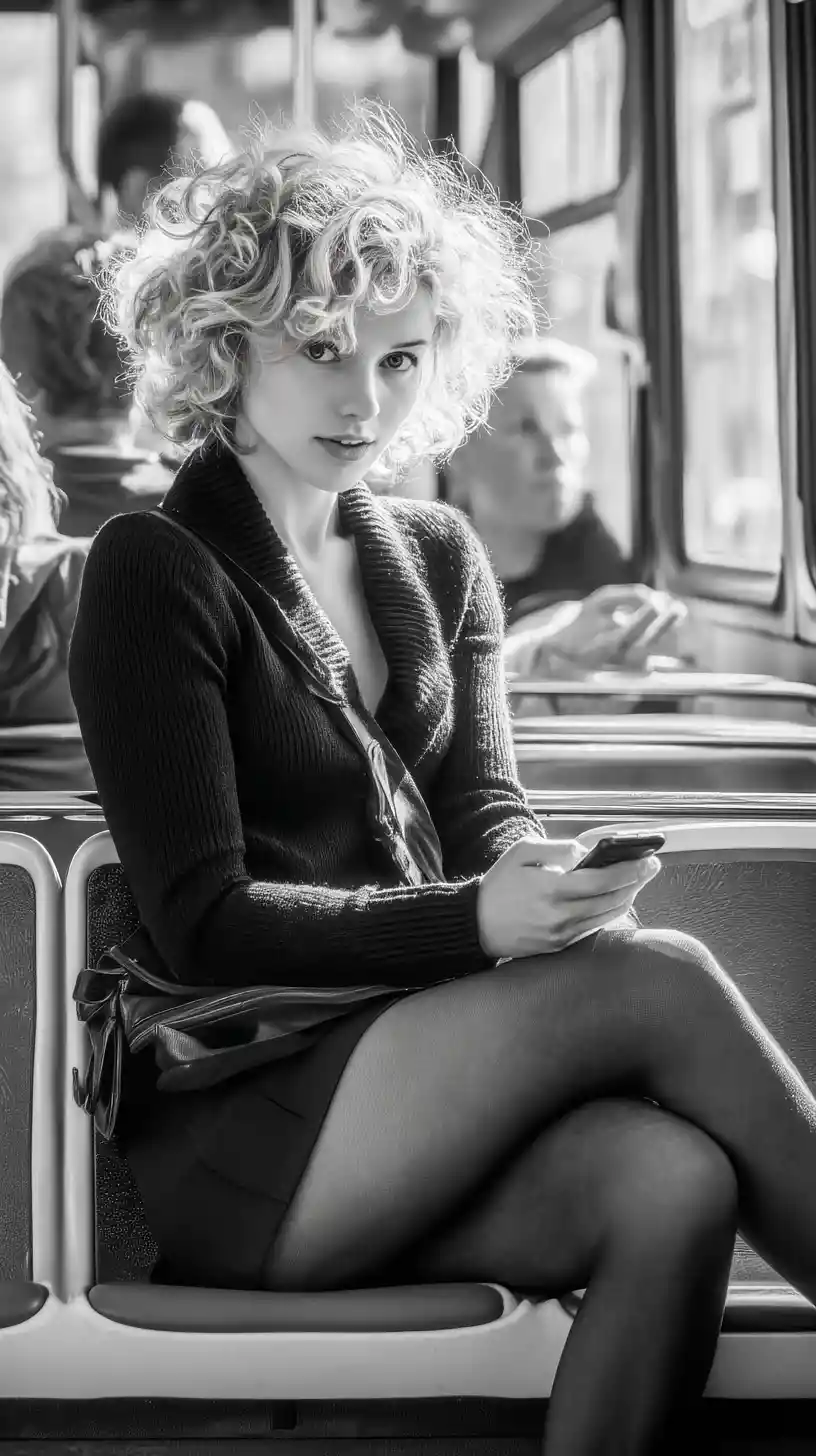 Woman on a morning bus lost in a hypnotic smartphone gaze