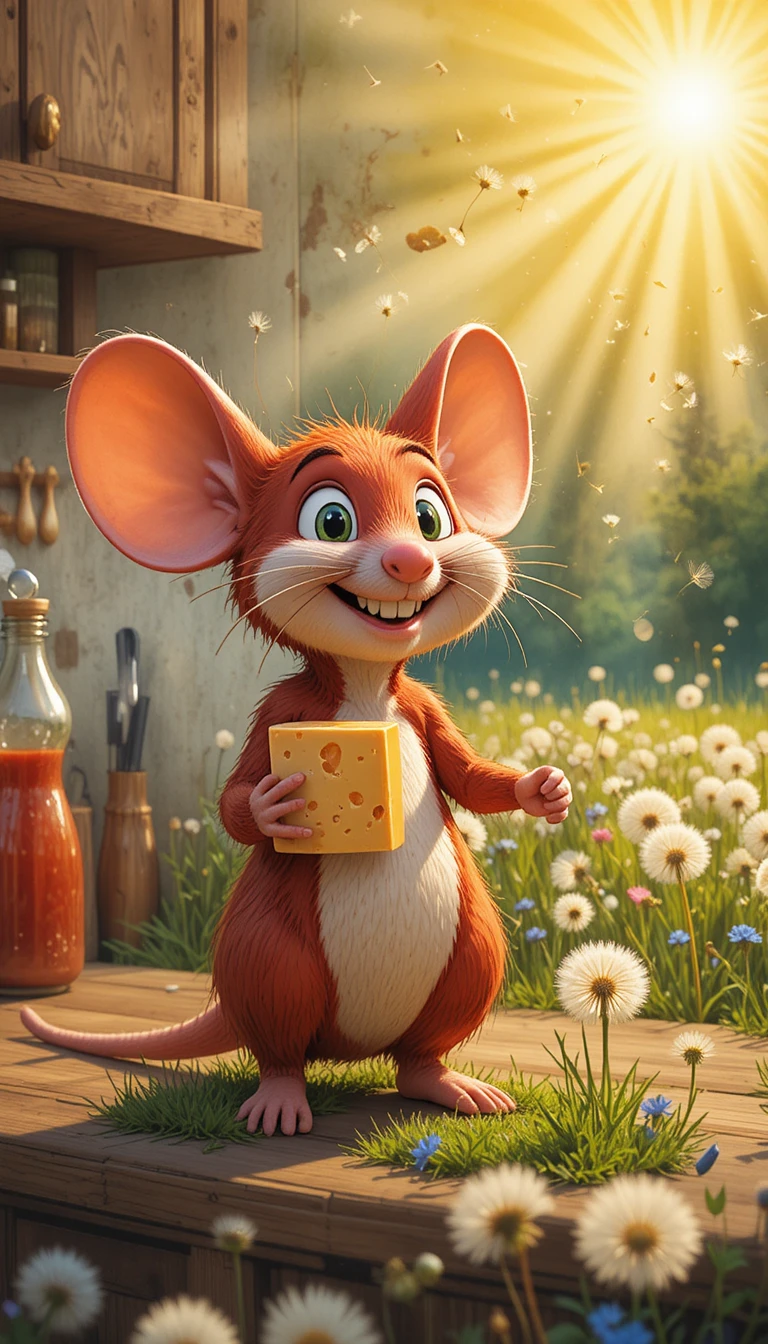 Cartoon red mouse grinning with cheddar on kitchen counter