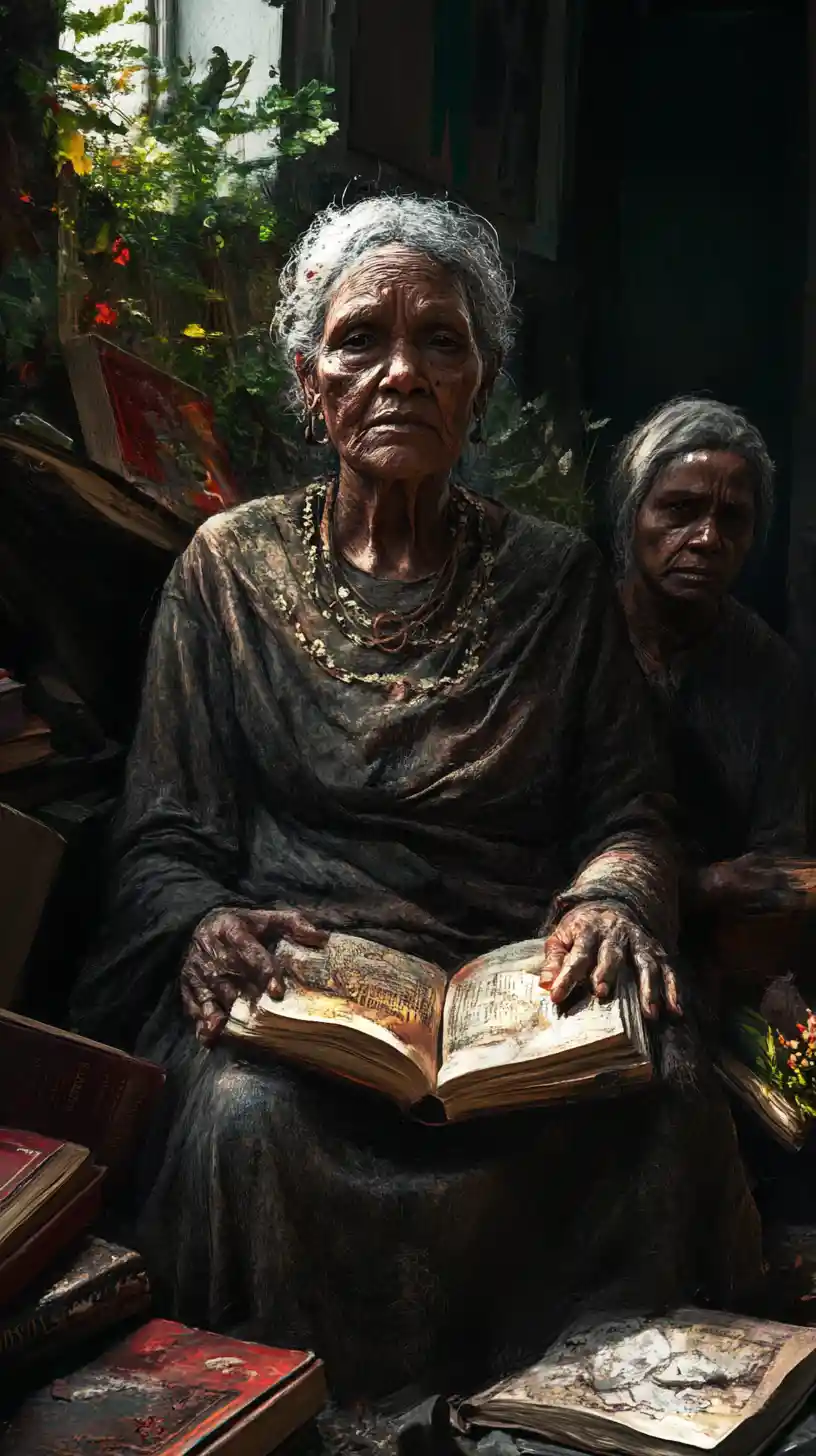 Elderly african woman seated in a cluttered indoor room
