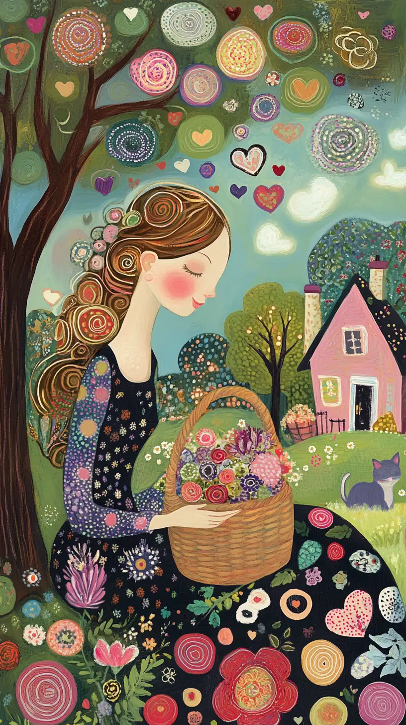 Donna in giardino folk art con gatto e cesta di fiori