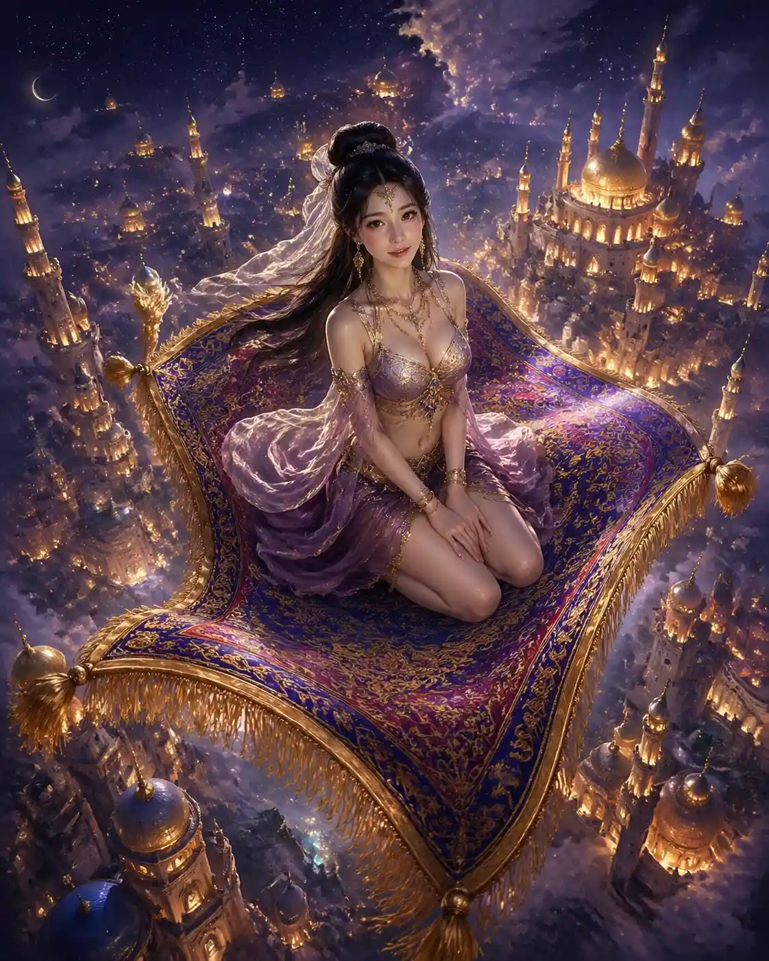 Girl On Magic Carpet Above Mystical Nighttime City