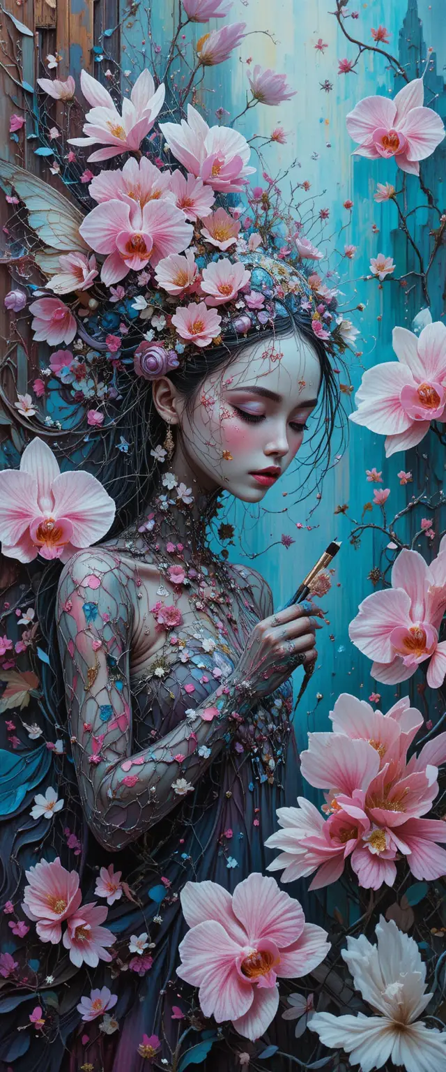 Peinture féerique abstraite avec des orchidées roses et blanches
