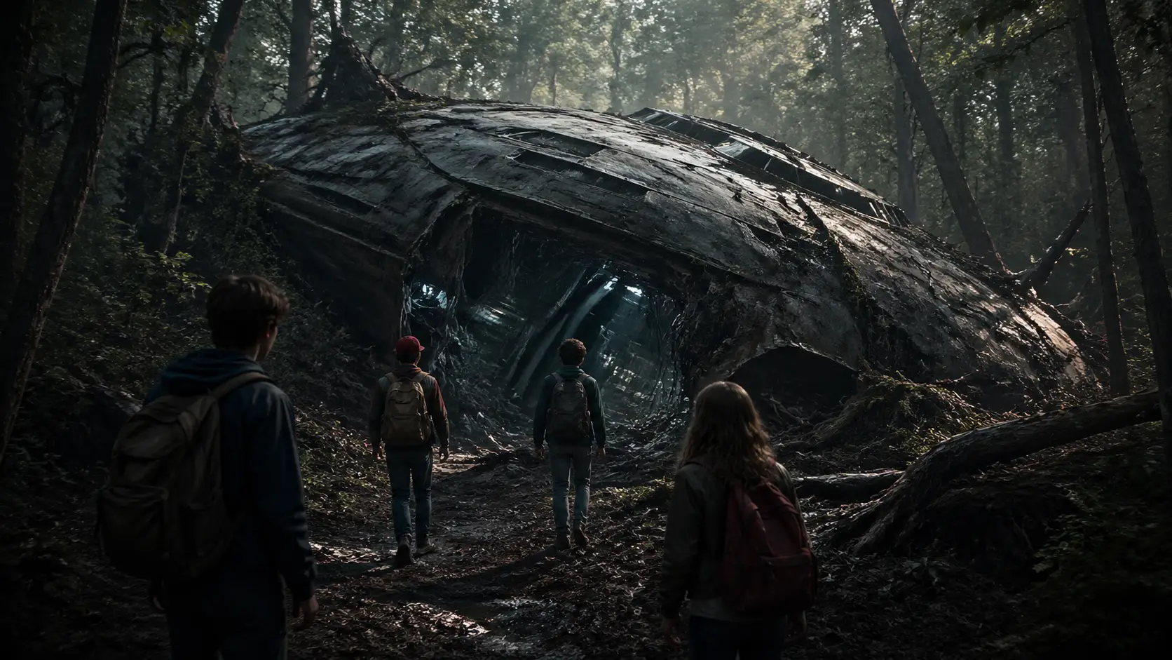 Amici adolescenti esplorano un’astronave precipitata nascosta nella foresta