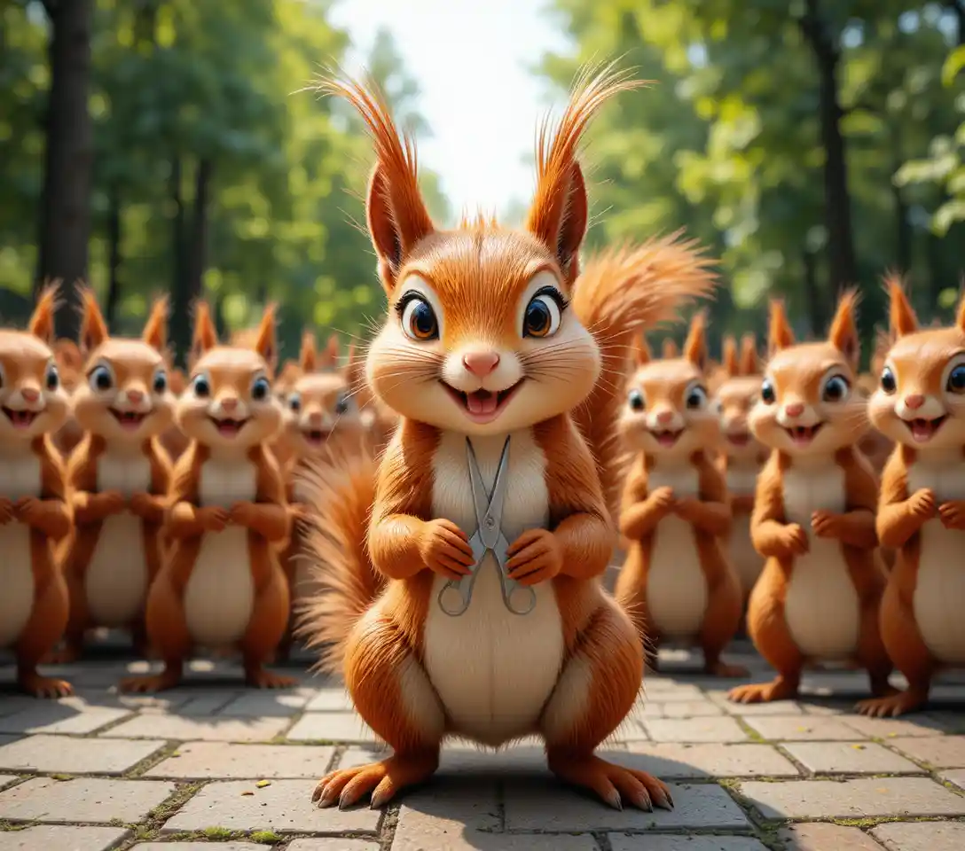 Red squirrel holding scissors facing a crowd of squirrels