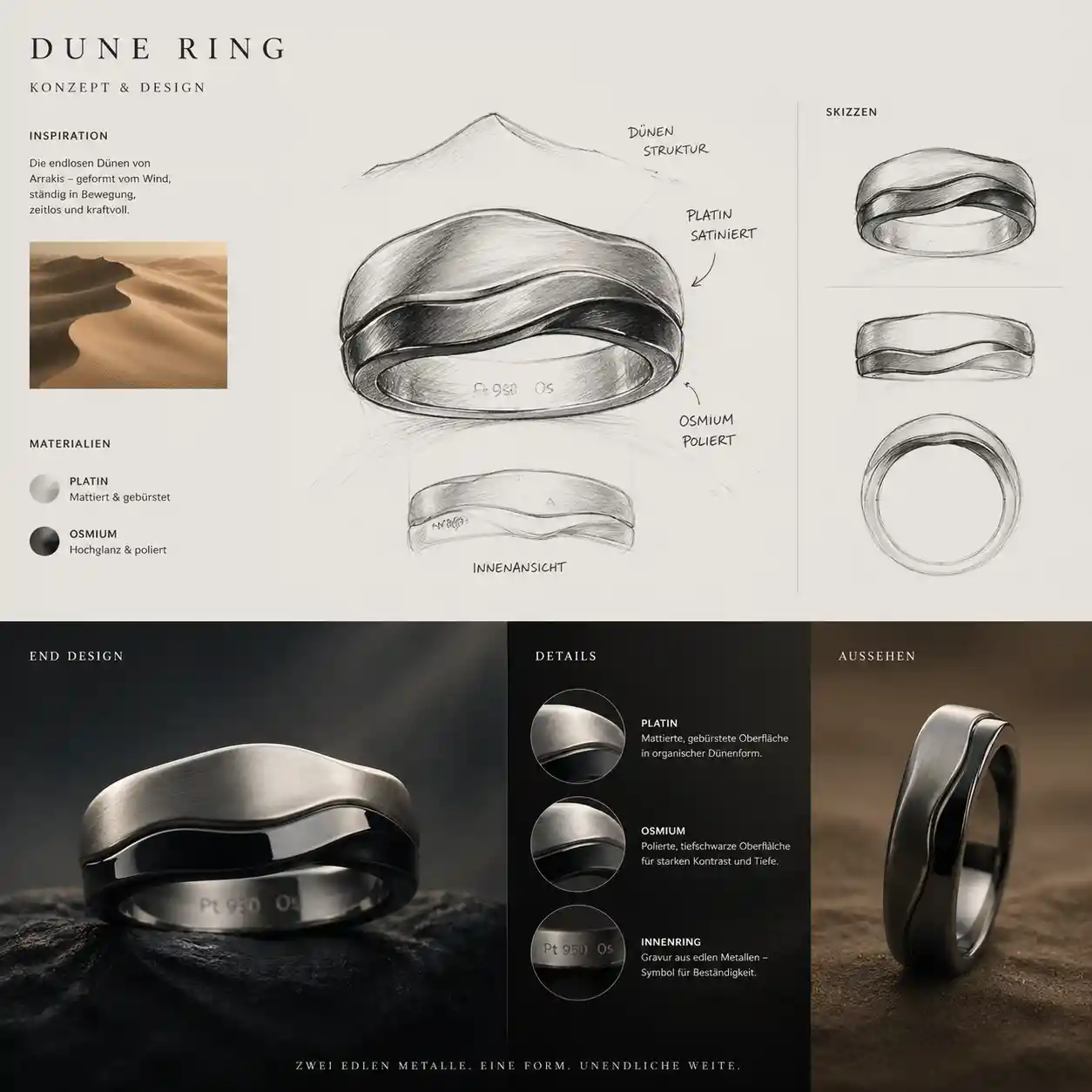 Platinum and osmium ring concept with sketch and final design