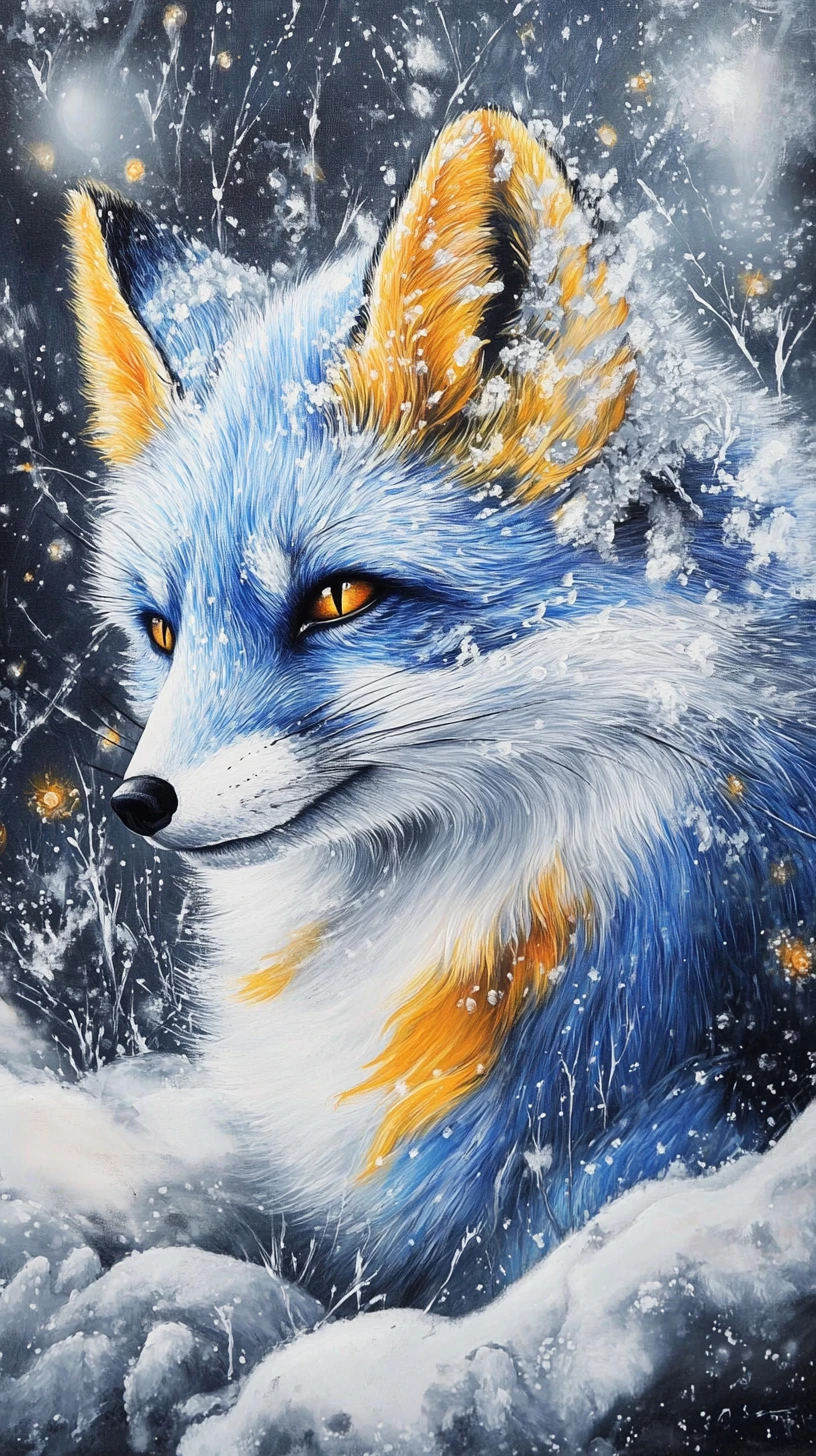 Fantasy arctic fox painting with blue and yellow fur in snow