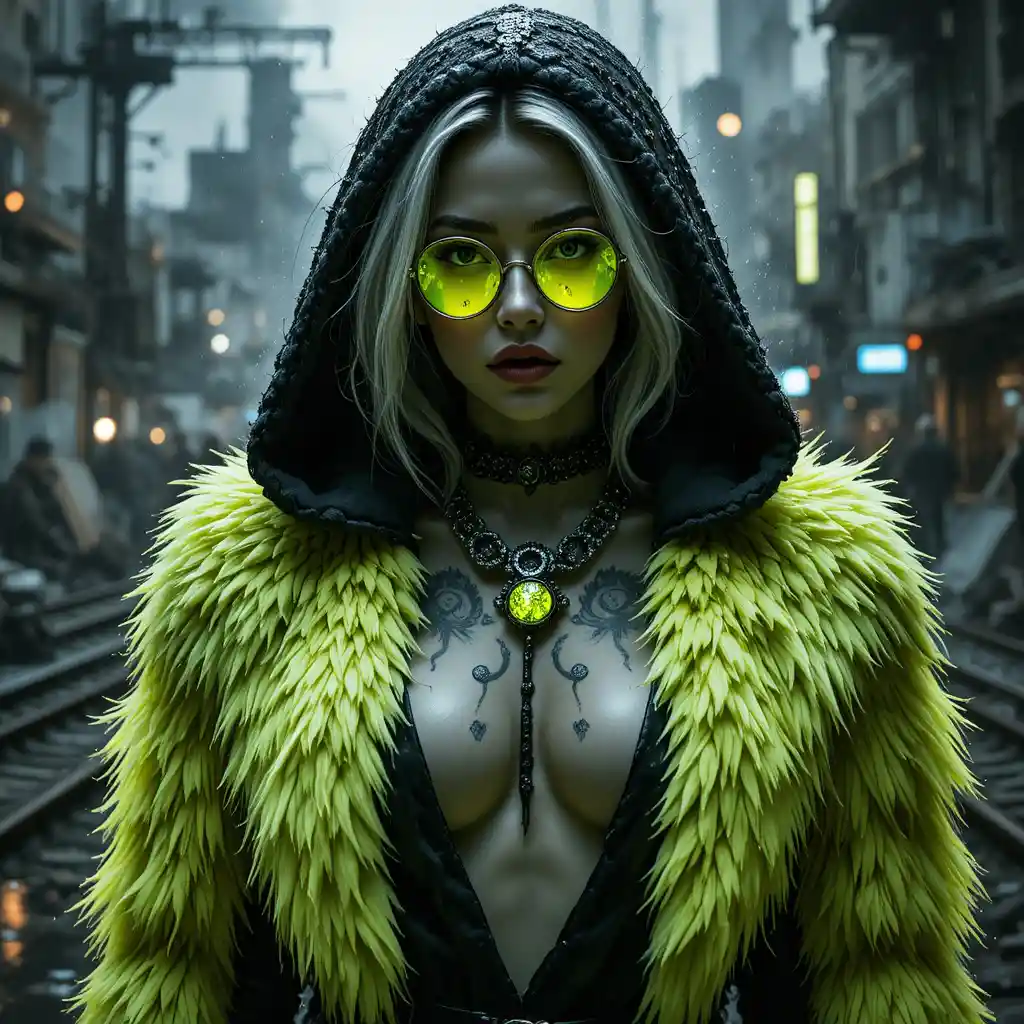Neon lit femme fatale portrait in fur coat and chains