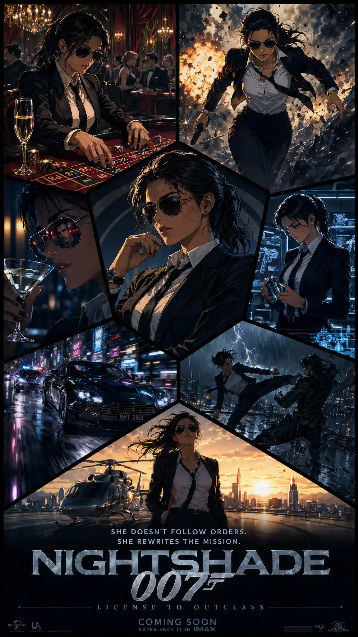 Anime spy in black suit with roulette casino backdrop