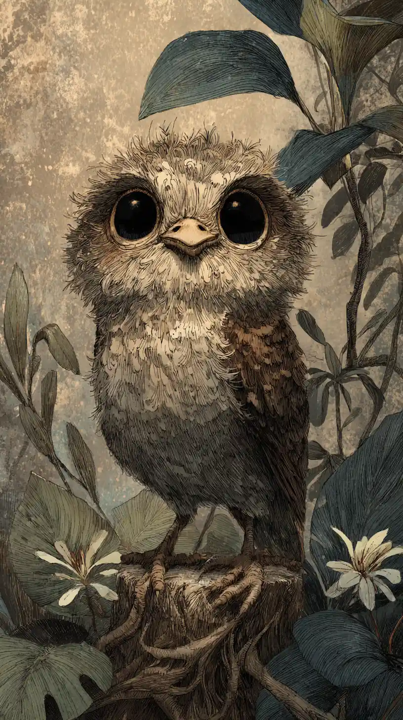 Whimsical Gothic Baby Bird In Dreamy Forest Glow