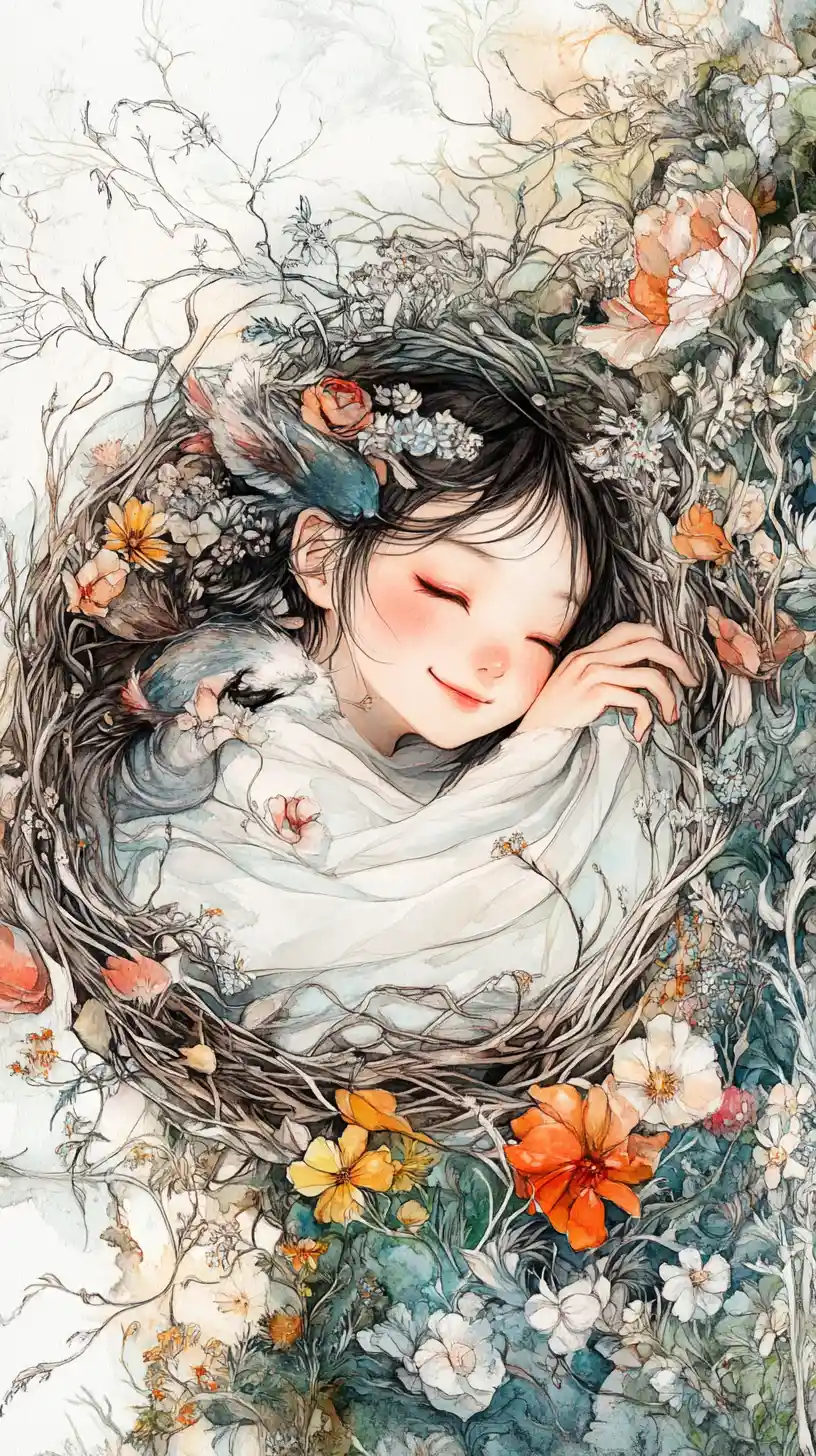 Cheerful animal girl resting in a cozy garden nest
