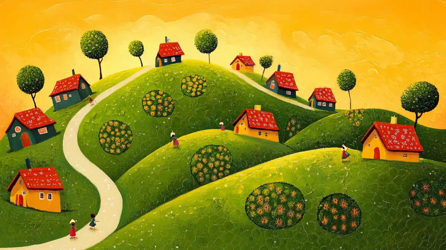 Whimsical Green Hill Village In Golden Folk Art Style