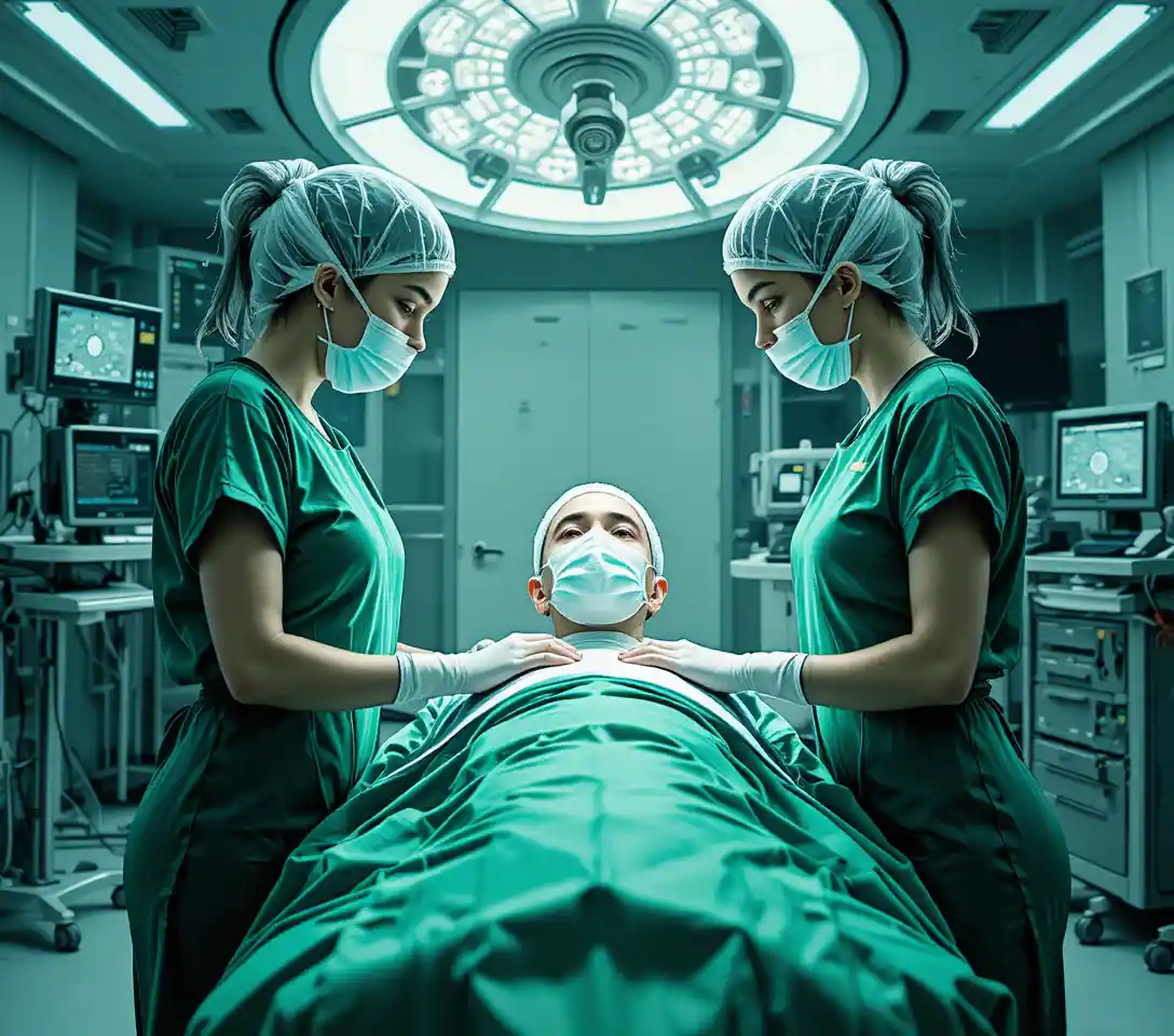 Two nurses with patient in a modern surgical operating room
