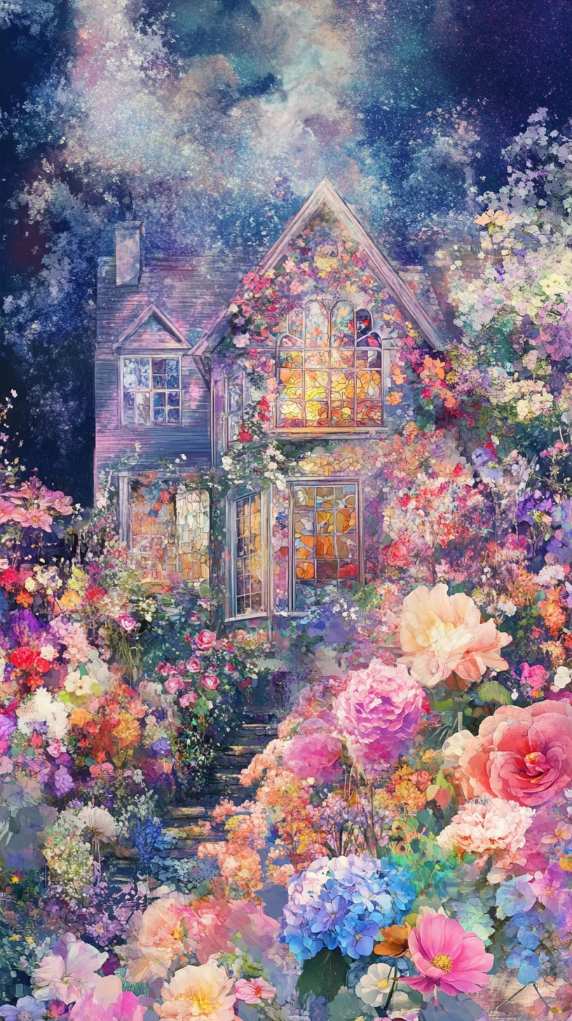 Whimsical floral village with dreamy double exposure windows