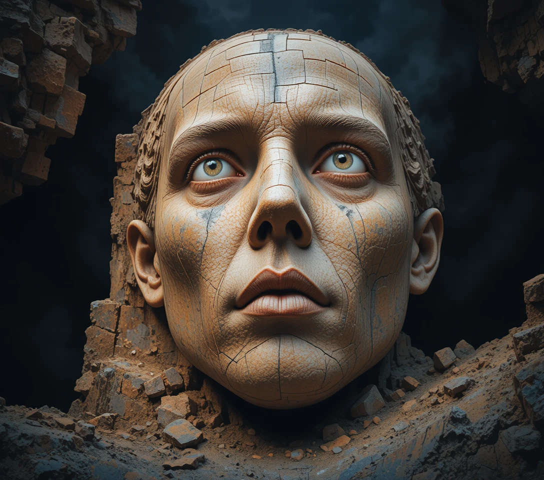 Monumental stone face carved by erosion in shadowy light
