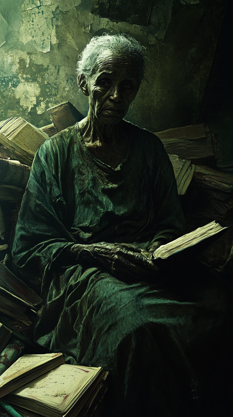 Elderly woman sitting in a cluttered interior with sorrowful gaze
