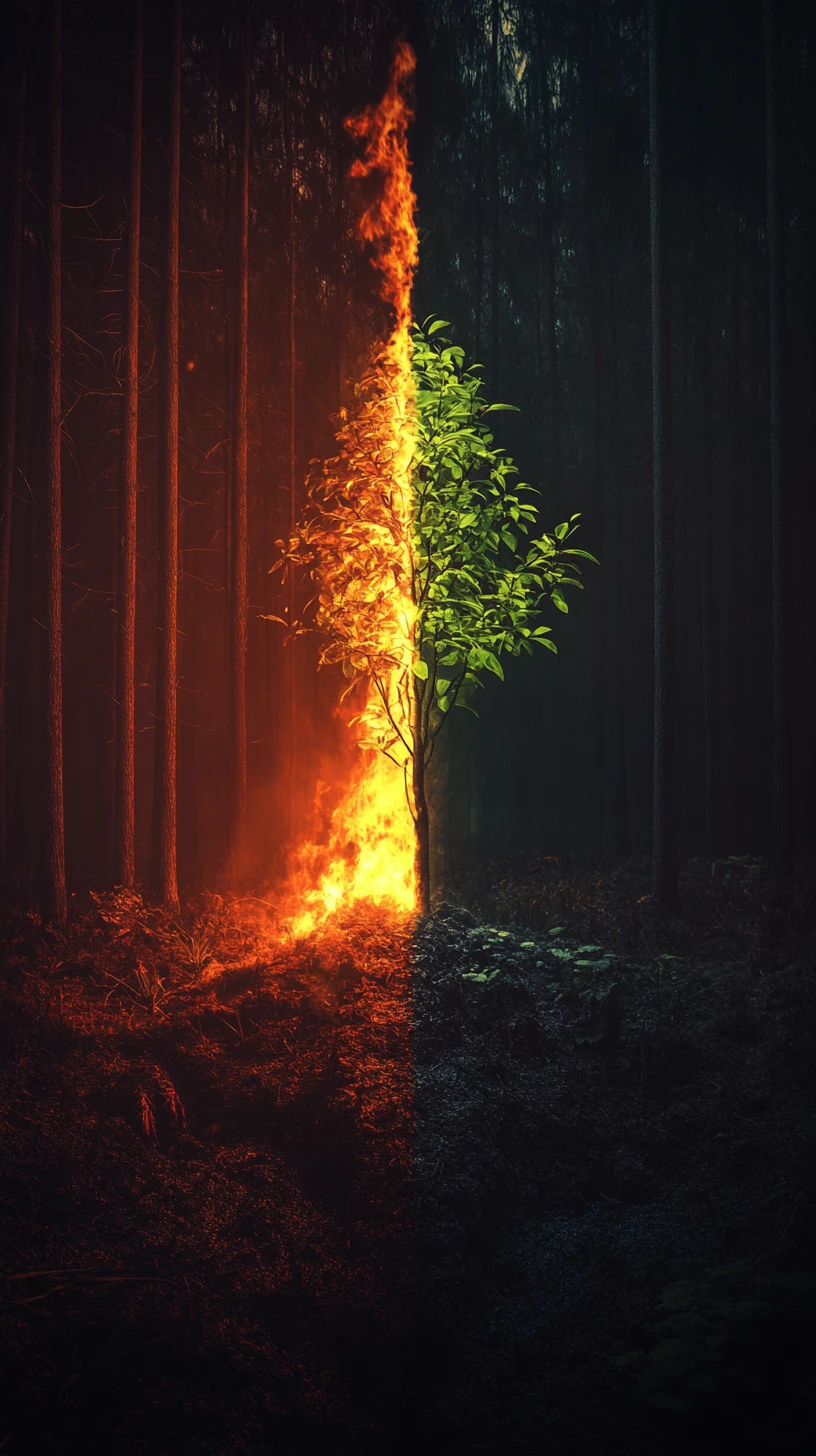 Bosque en llamas y nuevo crecimiento en una escena de fantasía mística