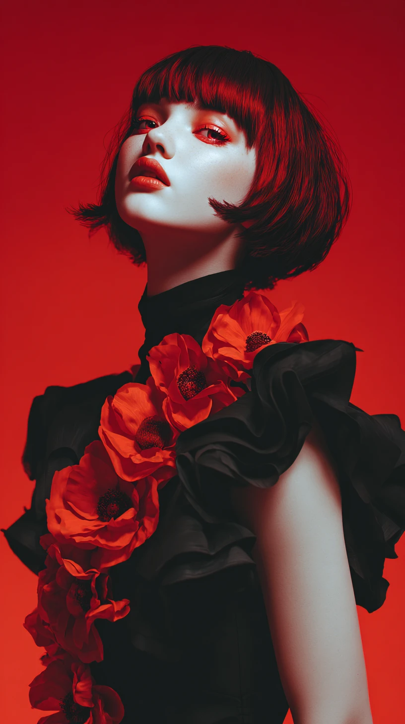 Mujer de anime elegante con vestido negro sobre fondo rojo