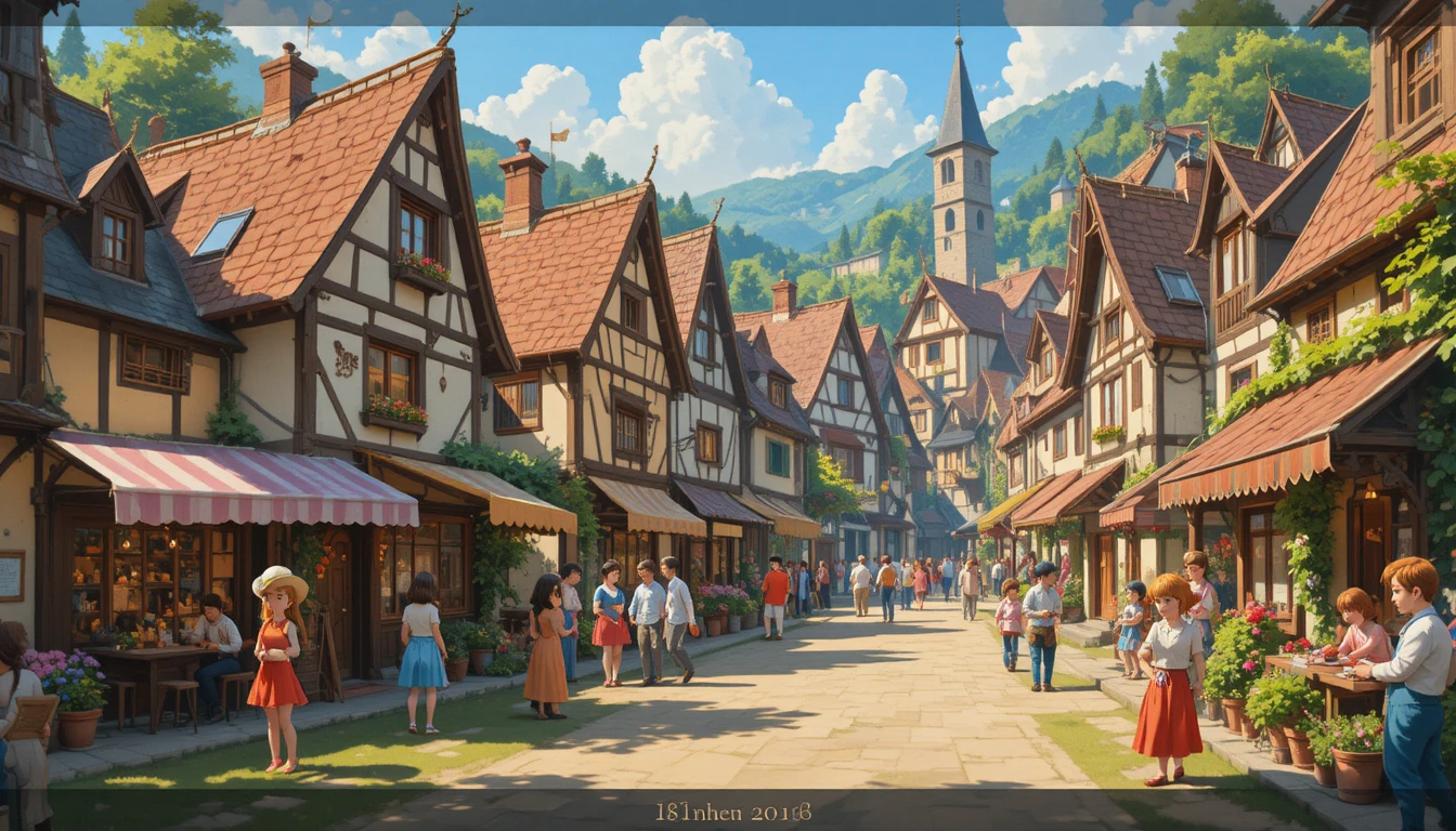 Warm old village street with festive crowd illustration