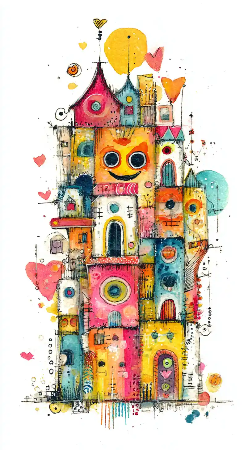 Playful colorful house in bubbly mixed media style