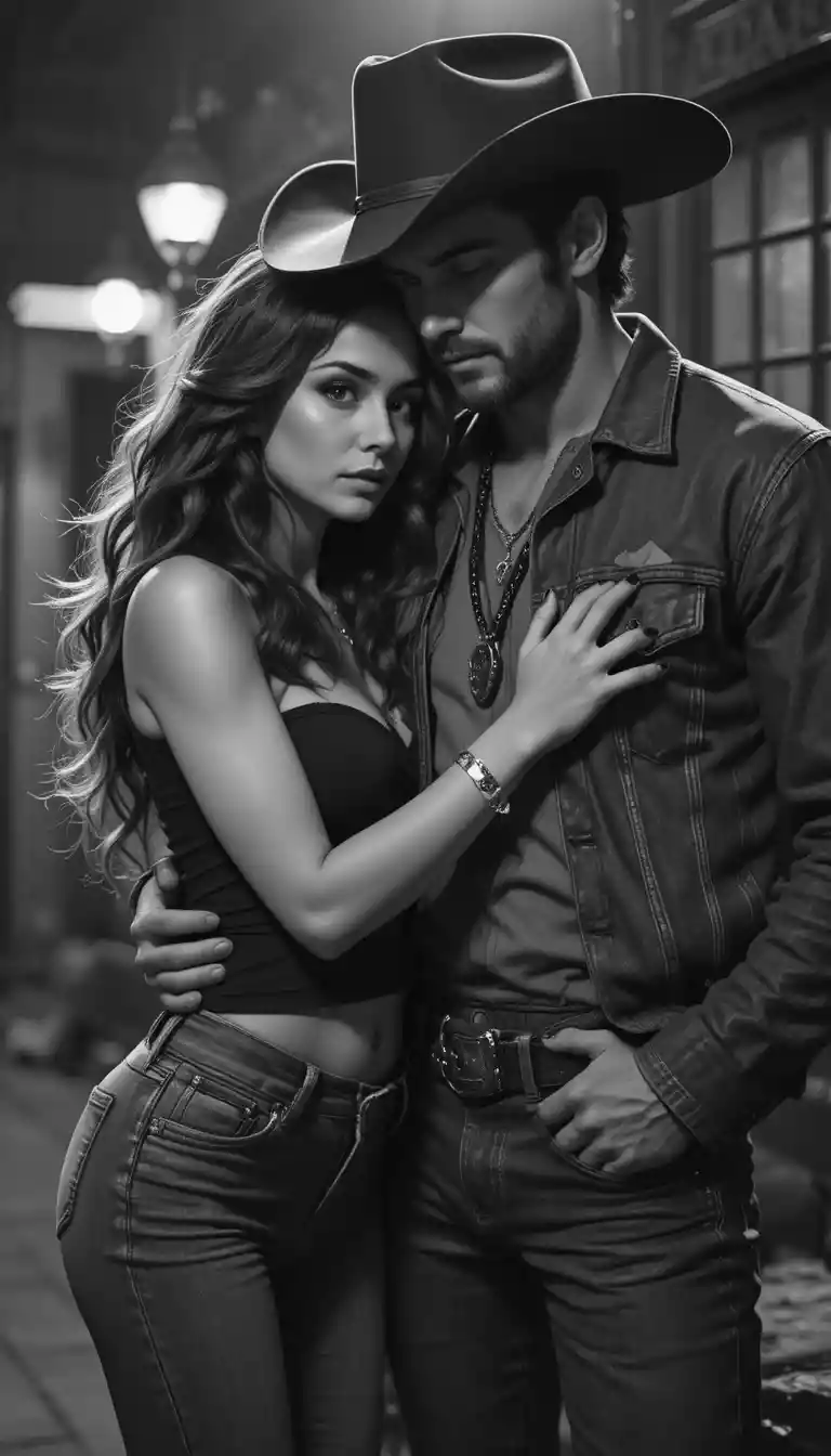 Noir cowboy couple in a tense romantic embrace