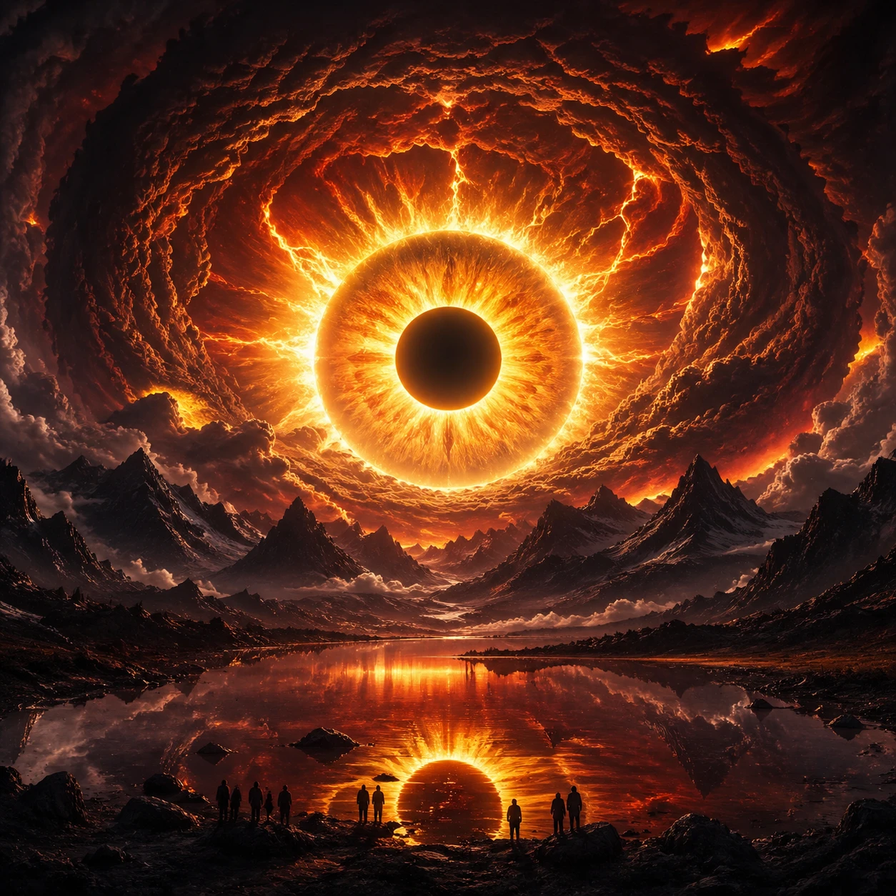 Cosmic eye solar eclipse over dark mountain lake