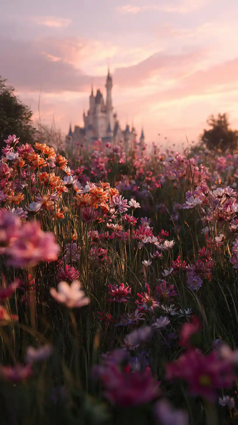Blooming flower garden with distant castle at sunset