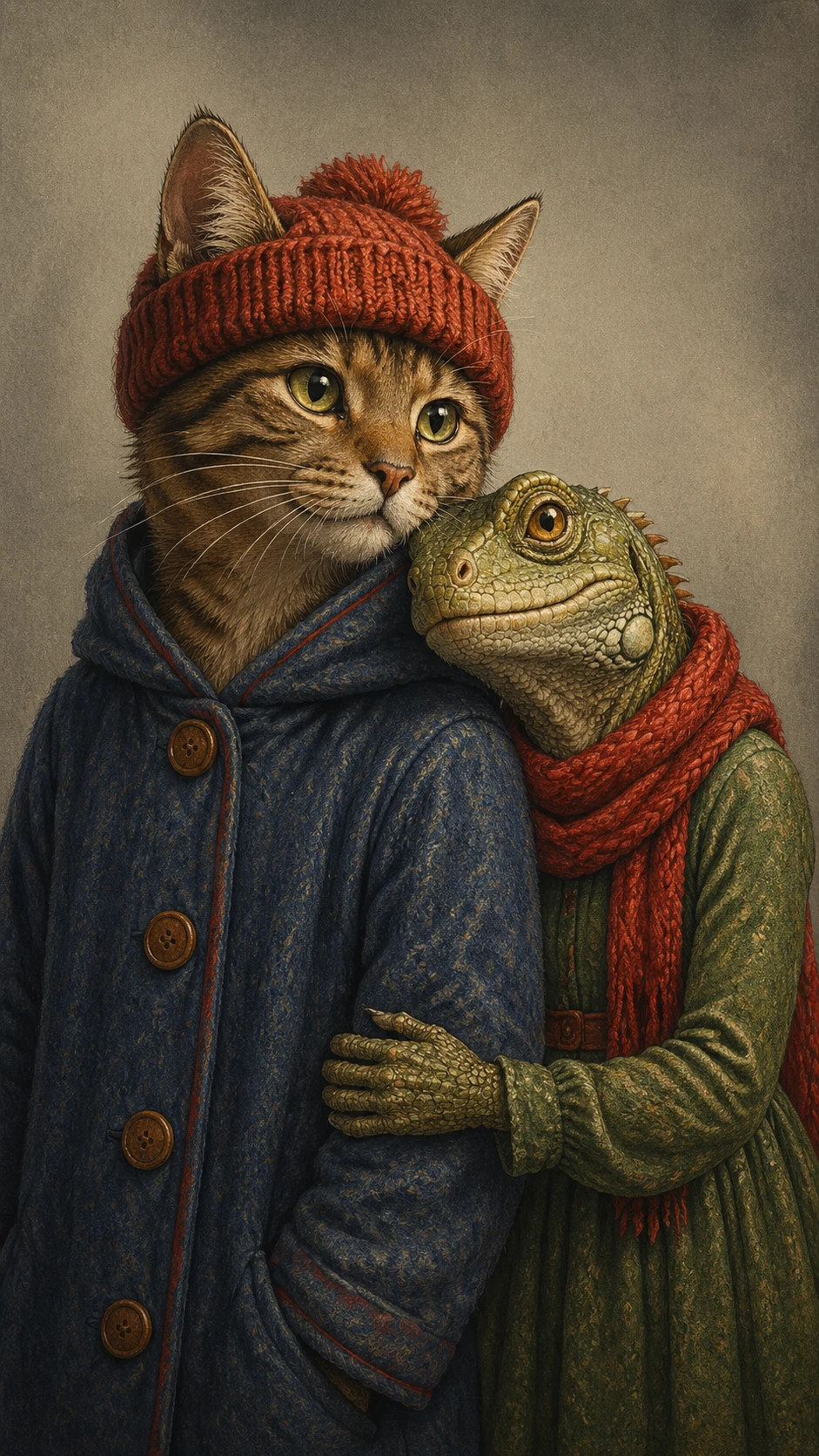 Anthropomorphic cat and lizard in cozy thoughtful embrace