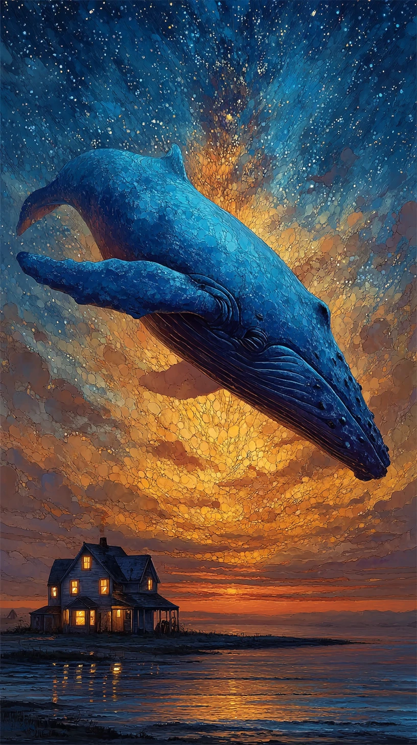 Giant blue whale drifting through a dense starry night sky