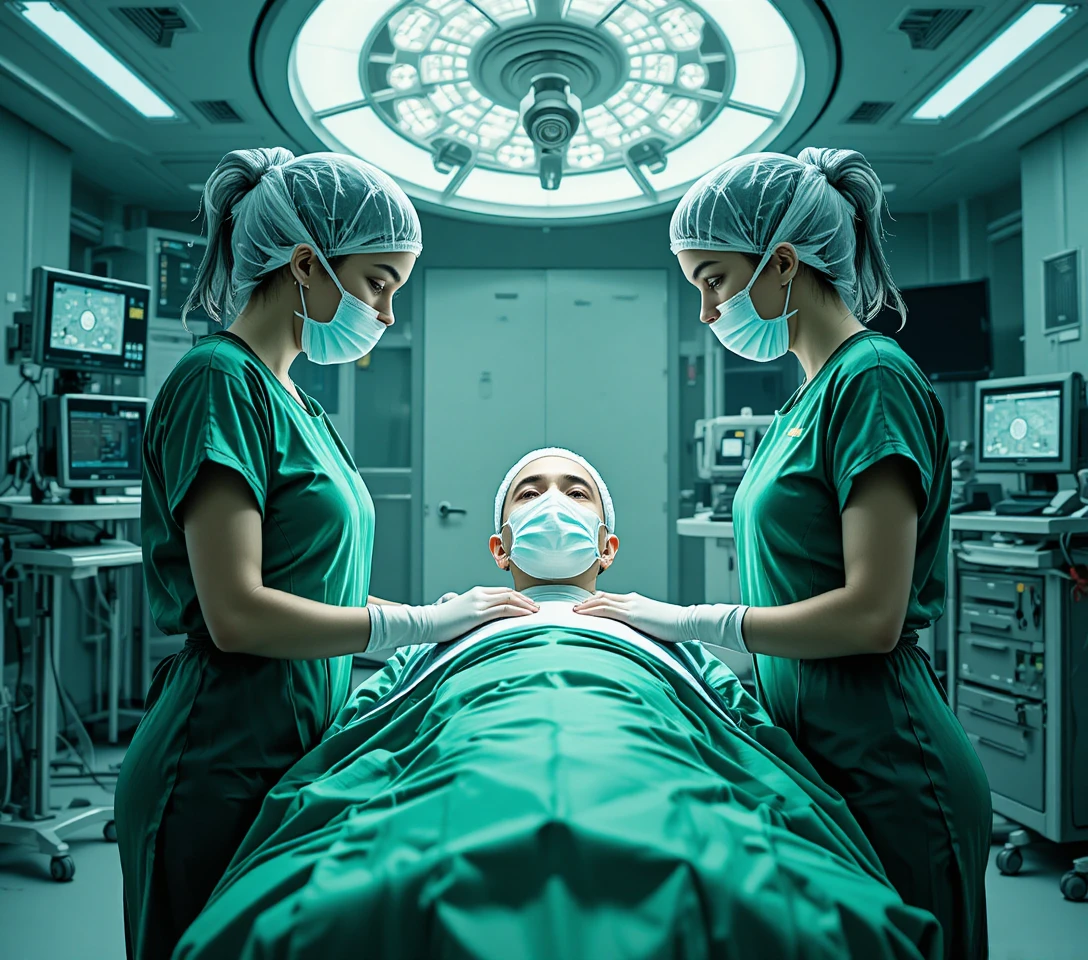 Two nurses with patient in a modern surgical operating room