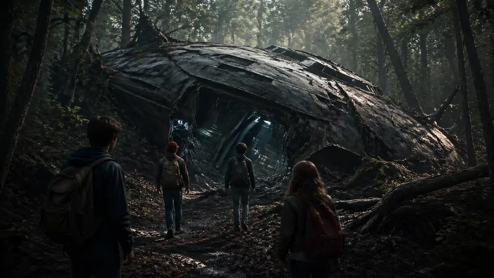 Teenage friends explore a crashed spaceship hidden in the forest