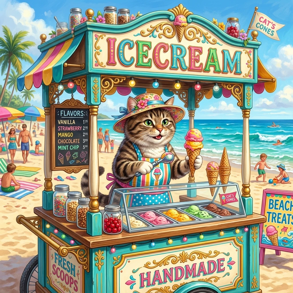 Cute tabby cat vendor in a vintage beach ice cream cart