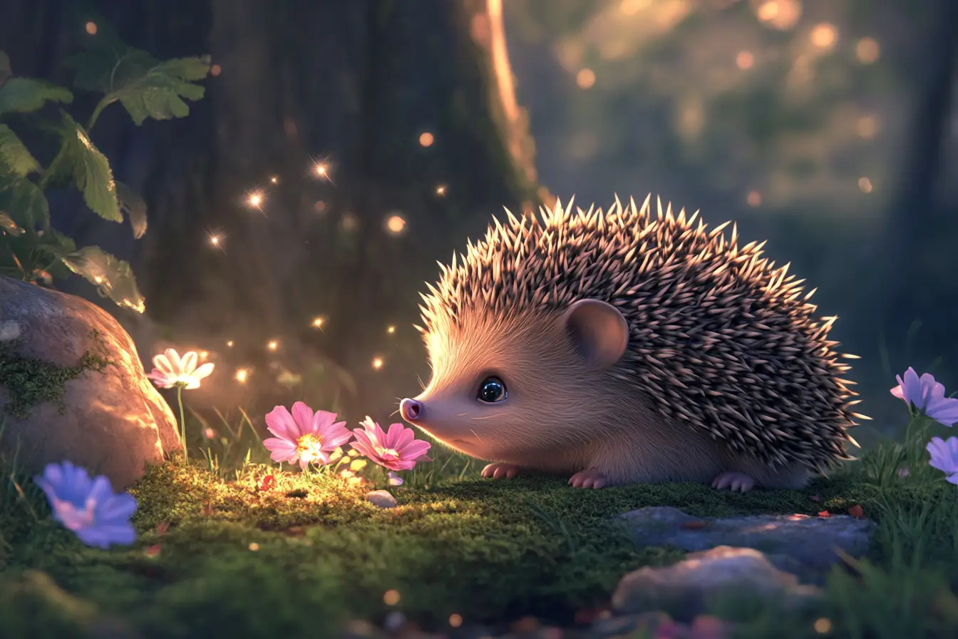 Cute baby hedgehog with glowing flowers at dusk