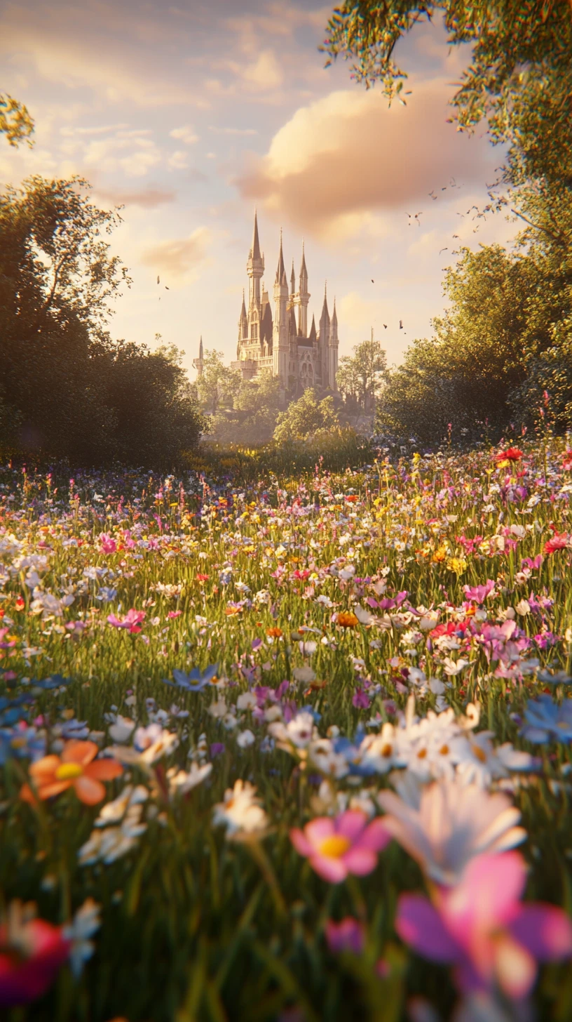 Blooming flower garden at sunset beside a distant castle