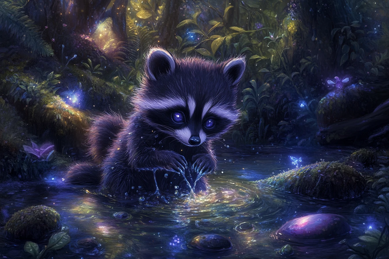 Babywaschbär wäscht seine Pfoten in einem magischen Waldbach