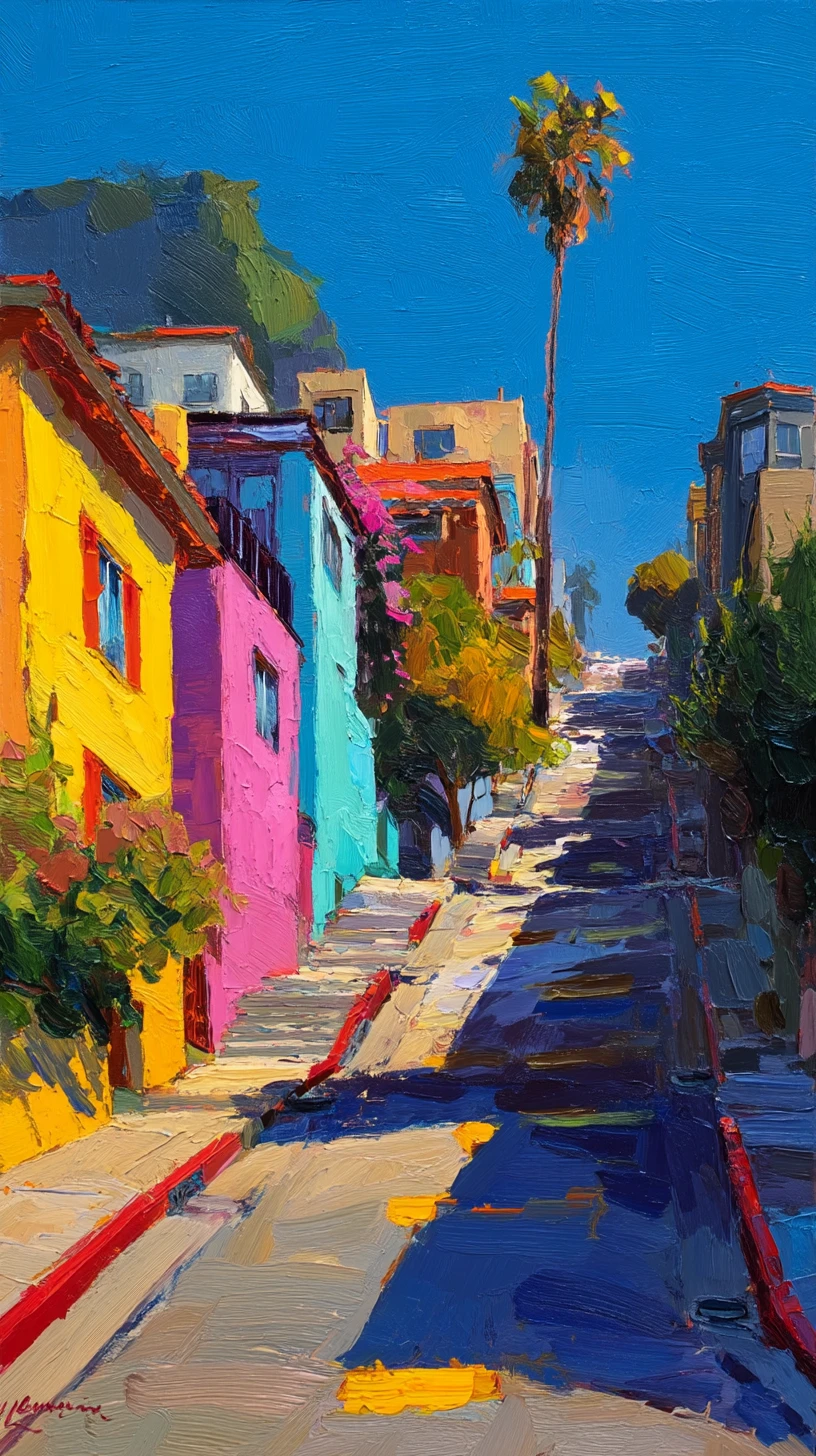 Pintura de calle urbana en cuesta empinada con casas coloridas
